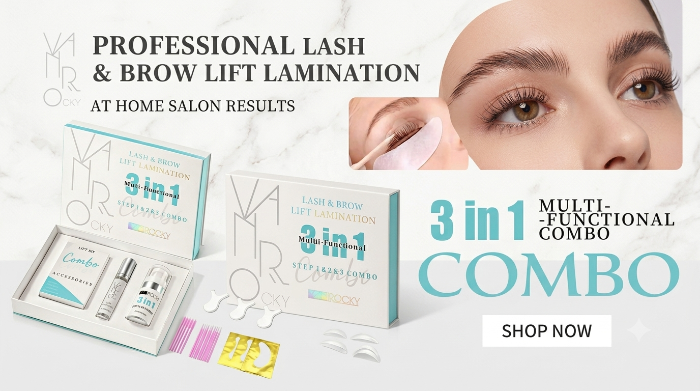 OLYLASH 3-in-1 lash lift and brow lamination kit inside the luxury blue box, showing lash lifting glue, styling lotion, and combo accessories.